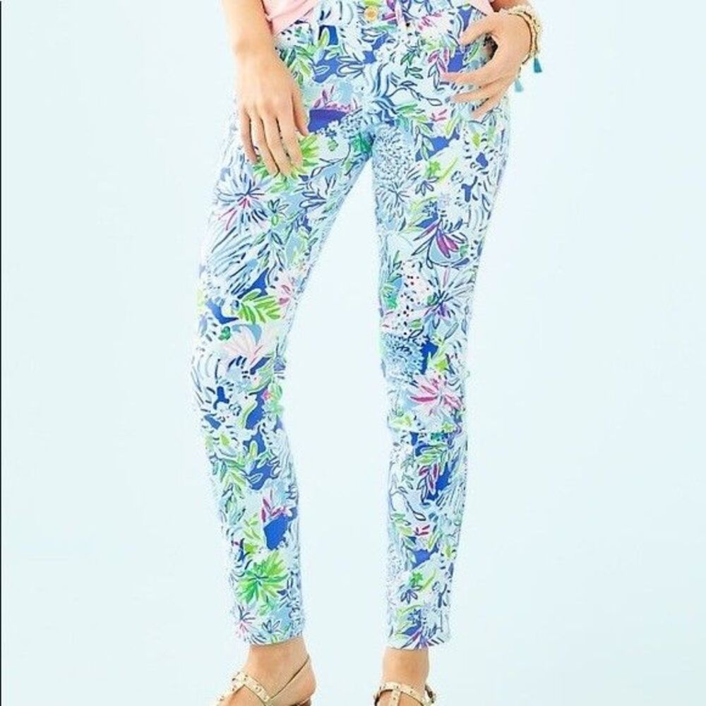 Lilly Pulitzer South Ocean Skinny Pants Jeans Lion Around Coastal Blue Sz 2 Boho